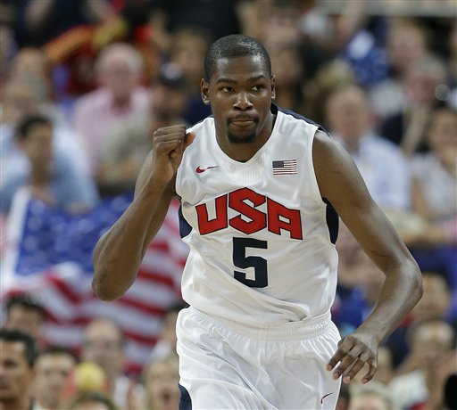 United States' Kevin Durant reacts during  the men's gold medal basketball game against Spain. The Associated Press