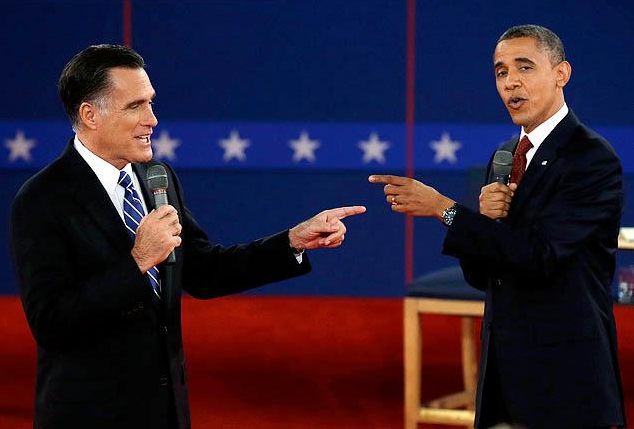President Obama and Mitt Romney square off during Tuesday night's presidential debate. The Associated Press