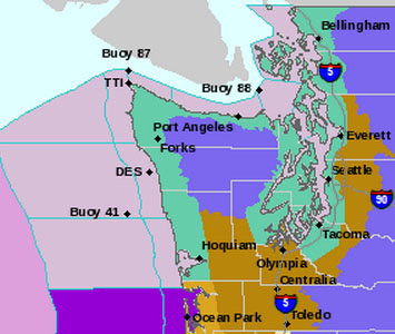 The teal relates to the coastal flood watch. The lavender calls for mountain snow. Heaviest winds are expected in the tan areas as well as in the pink areas in the Pacific and Salish Sea. National Weather Service