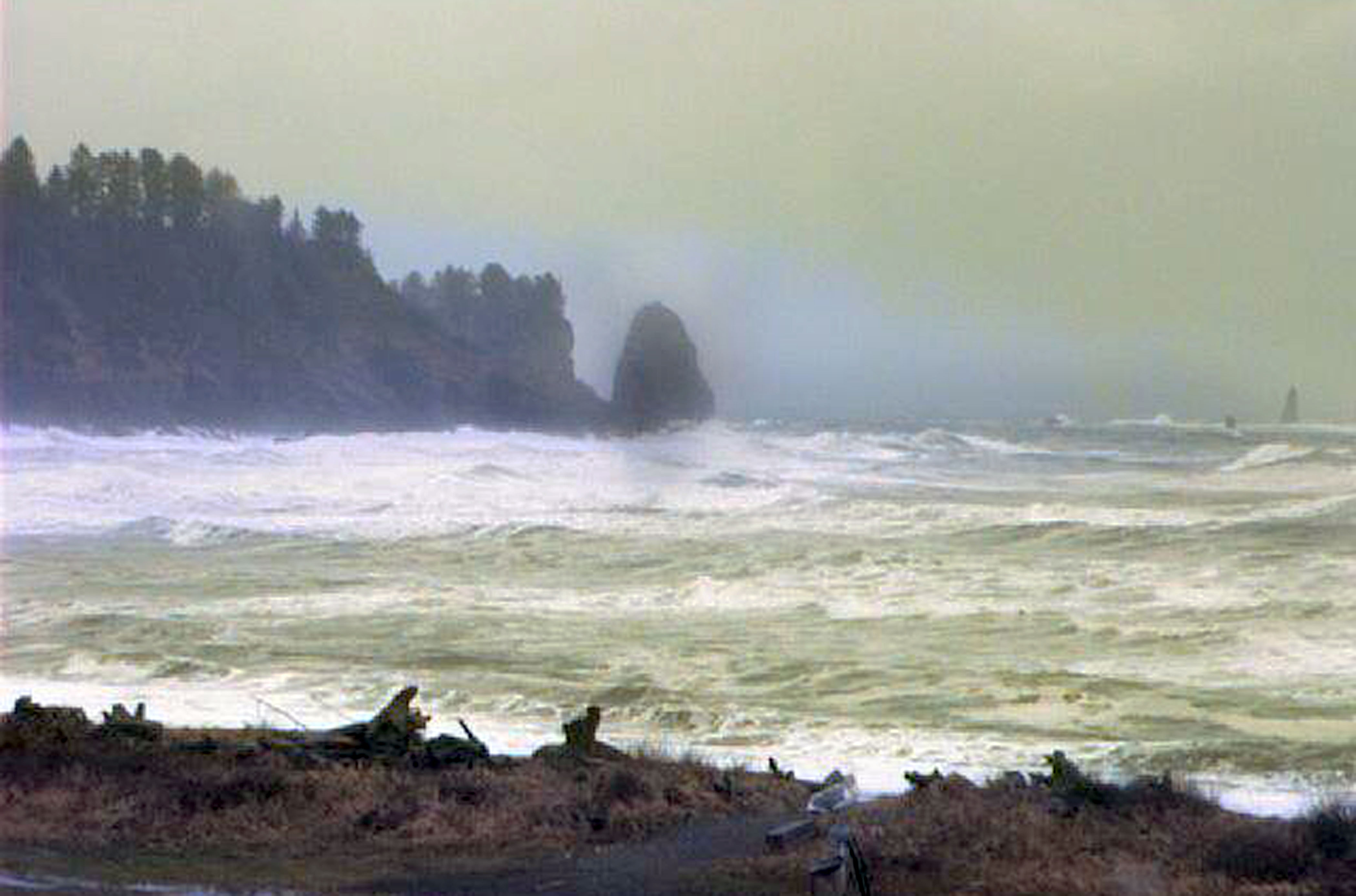 The surf churns this morning at First Beach near LaPush in this photo taken from the Forks Chamber of Commerce webcam. forkswa.com