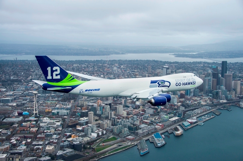 This specially painted Boeing 747 cargo plane painted in the Seattle Seahawks colors took off over Washington state today. The Boeing Co.
