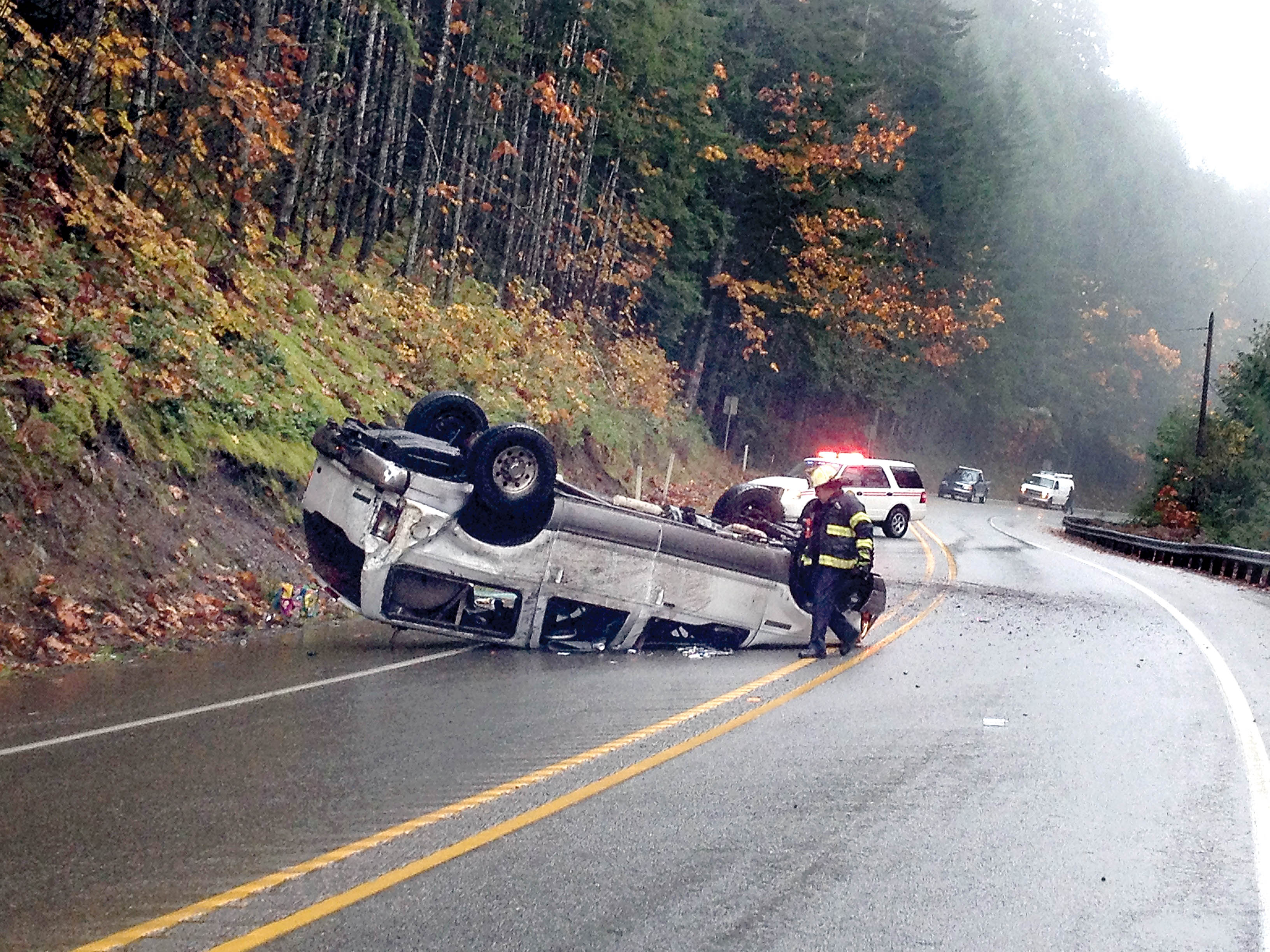 This rollover wreck north of Brinnon on U.S. Highway 101 blocked traffic Wednesday. Bob Pensworth