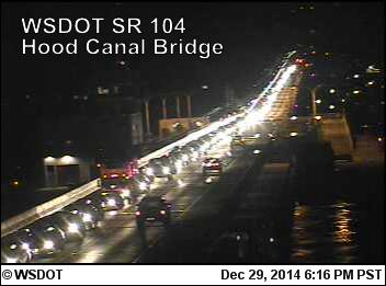 The Hood Canal Bridge webcam shows traffic snarled on the floating bridge looking toward the Kitsap County mainland following today's collision that was blocking part of state Highway 104. Washington Department of Transportation
