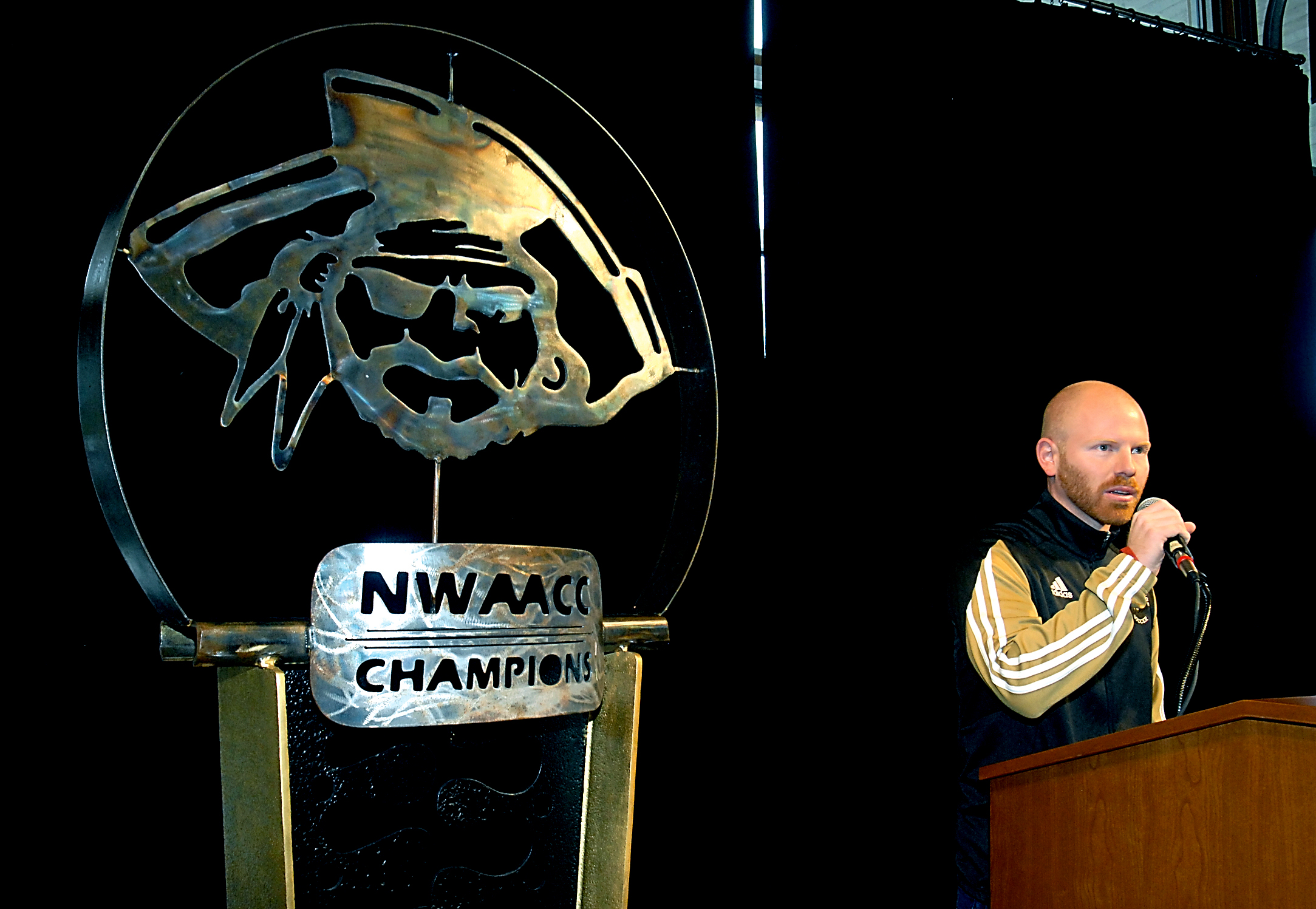 Peninsula College men's soccer coach Cale Rodriguez speaks about his team Wednesday during a celebration for the NWAC champion Pirates. Keith Thorpe/Peninsula Daily News