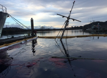 The 65-foot fishing vessel Black Fish is pictured after sinking at the Makah Marina in Neah Bay today. Responders from the Coast Guard Incident Management Division in Seattle are on scene and National Response Cooperation and Global Diving and Salvage have been contracted to contain and clean the spill. U.S. Coast Guard