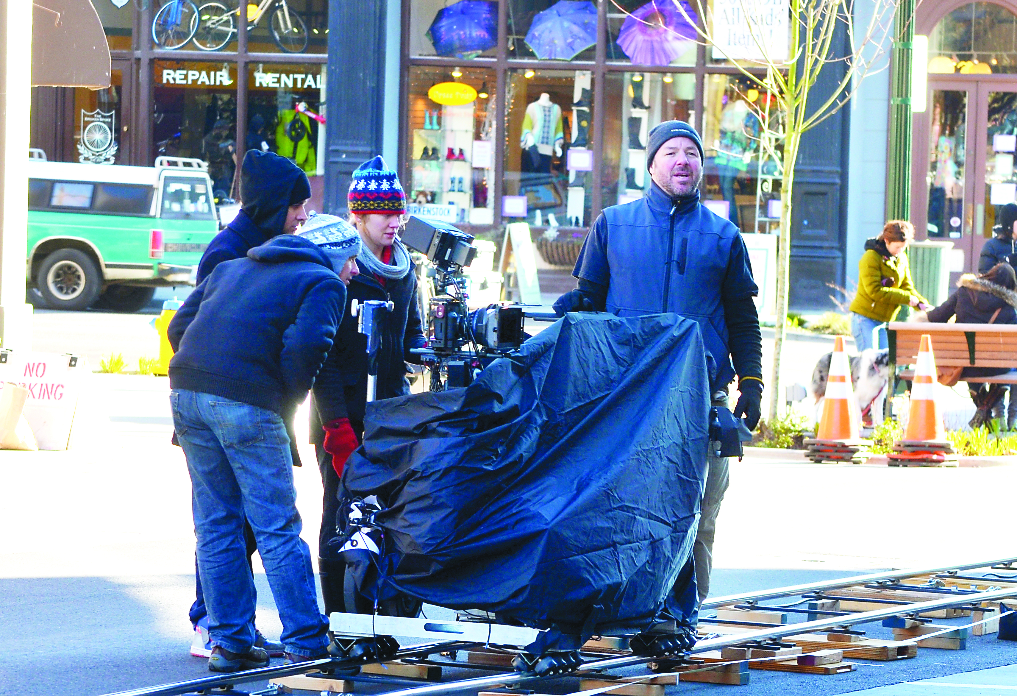 Crews shoot the commercial on Taylor Street in Port Townsend. Charlie Bermant/Peninsula Daily News