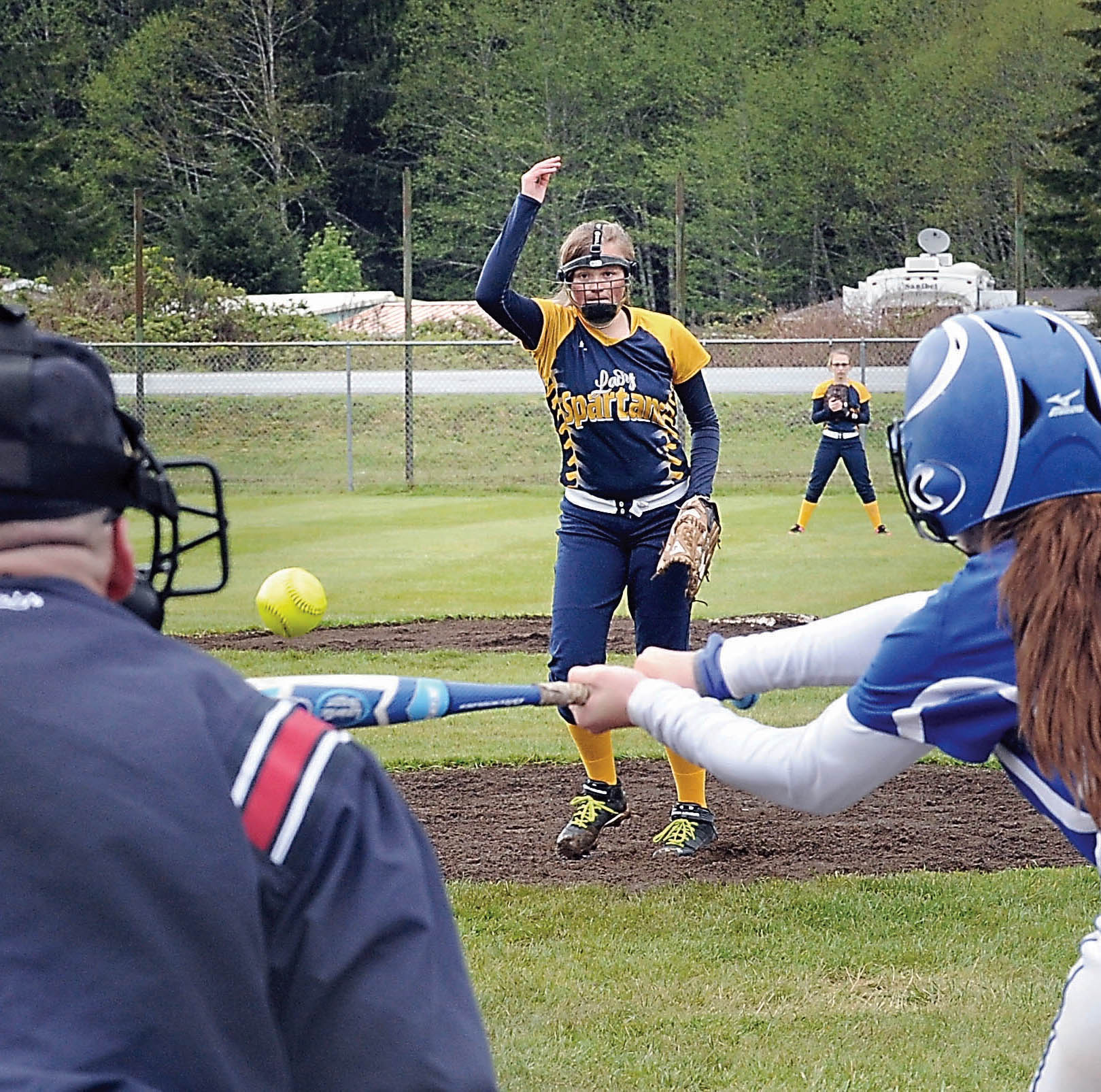 Rochester's Madison Justus takes a swing at a pitch thrown by Forks' Sarah Adams. Lonnie Archibald/for Peninsula Daily News