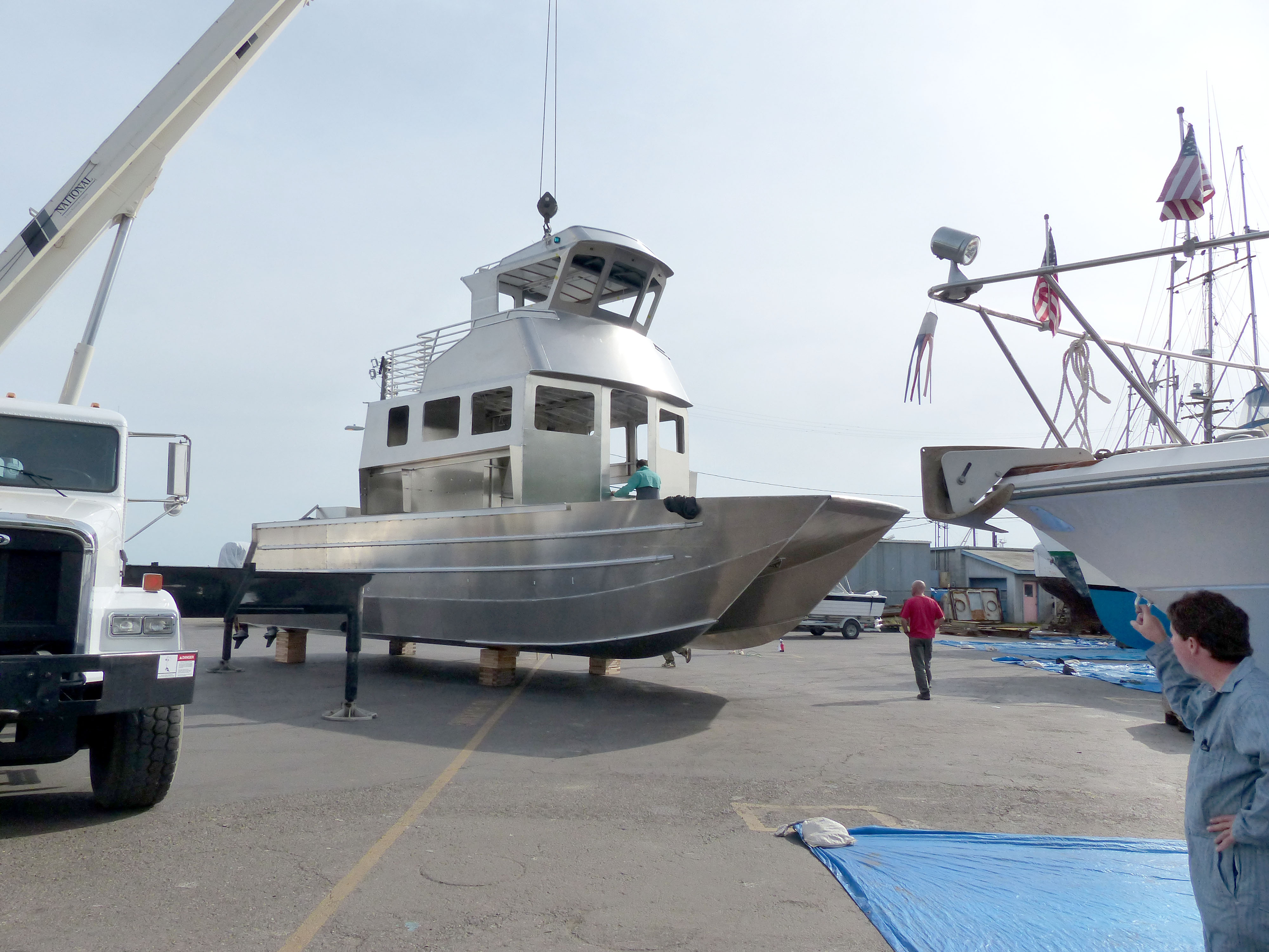 This is the assembled Armstrong Marine small aluminum ferry boat bound for American Samoa. Click on the arrows to see its wheelhouse/passenger compartment assembly.  —Photo by David G. Sellars/for Peninsula Daily News
