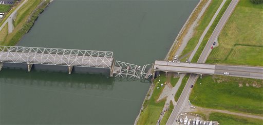The collapsed bridge over the Skagit River. The Seattle Times via The Associated Press