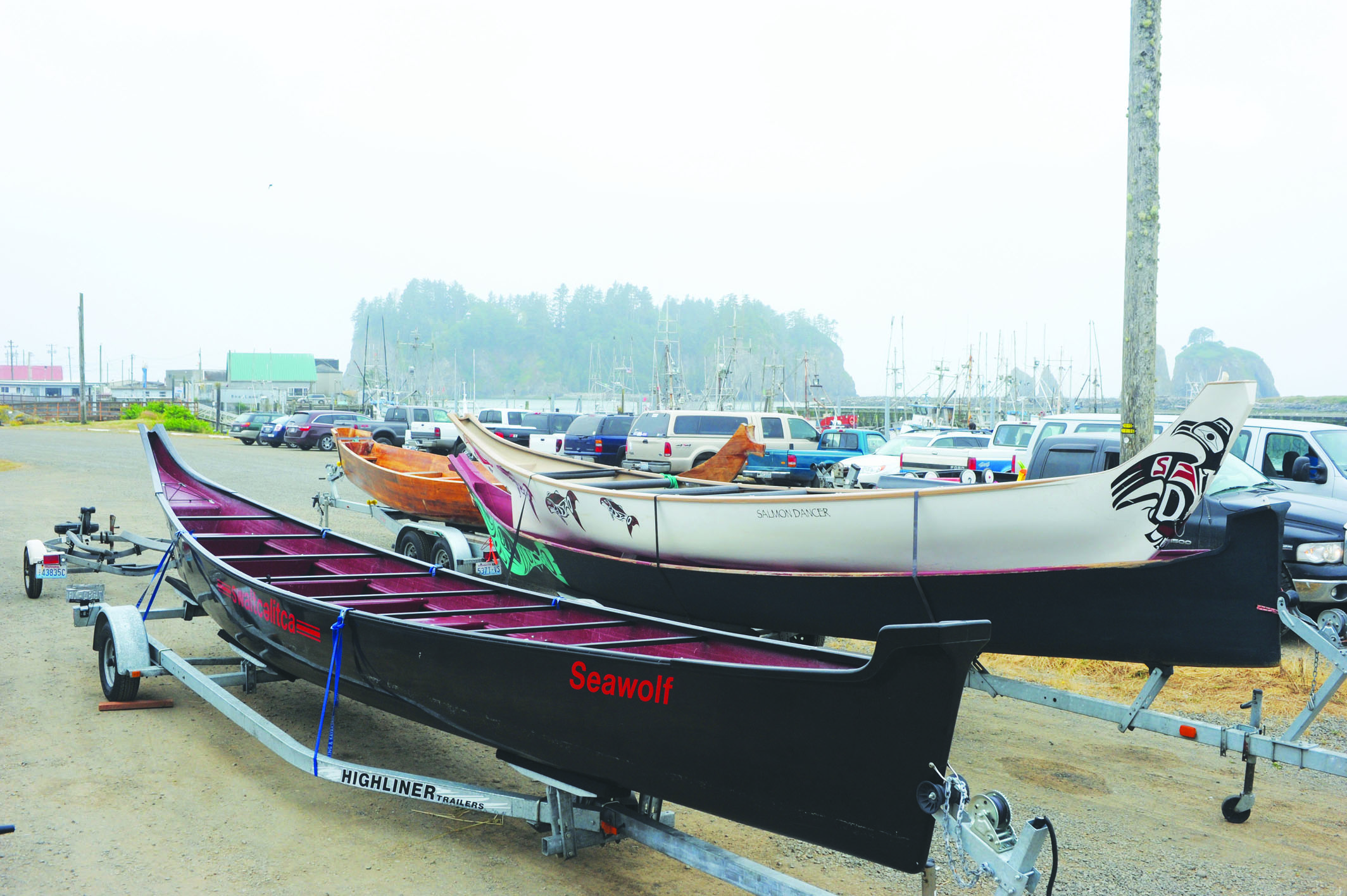 Some canoes had to be trailered in to LaPush Marina due to the conditions in the ocean. Lonnie Archibald/for Peninsula Daily News