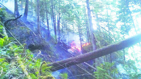 Steep terrain marks the Upper Falls fire that continues to smolder near Barnes Point west of Port Angeles. Olympic National Park