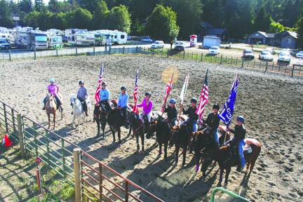 The County Mounties and Silver Spurs 4-H drill teams performed at the Jefferson County Fair last weekend. From left are Kalyssa Strayer