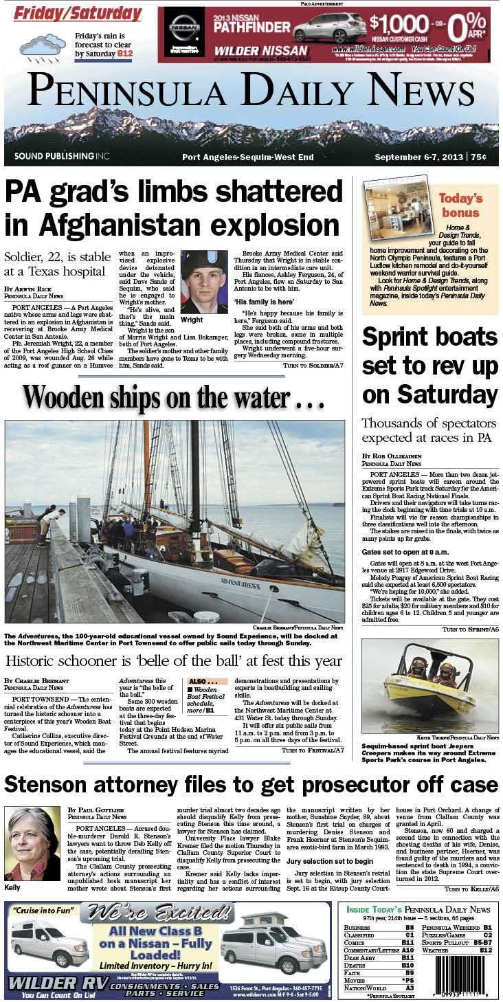 The Friday/Saturday PDN front page for Clallam County readers. (Click on image to enlarge)