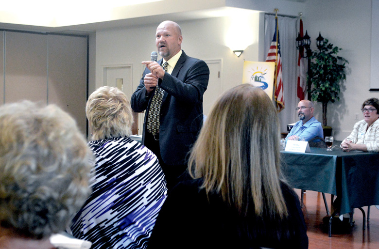 Superintendent Kelly Shea of the Sequim School District talks about efforts to improve graduation rates at the Sequim-Dungeness Valley Chamber of Commerce luncheon meeting Tuesday at SunLand Golf & Country Club. Joe Smillie/Peninsula Daily News