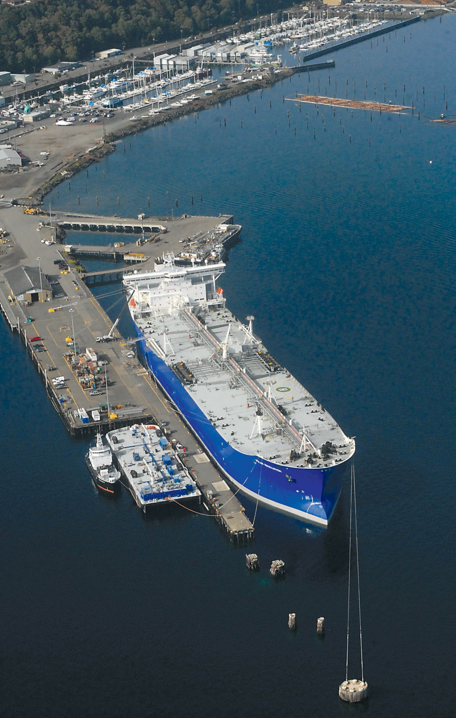 The tanker Polar Resolution sits moored at the Port of Port Angeles Terminal 1 pier on Thursday as seen in this aerial photo.  —Photo by Keith Thorpe/Peninsula Daily News