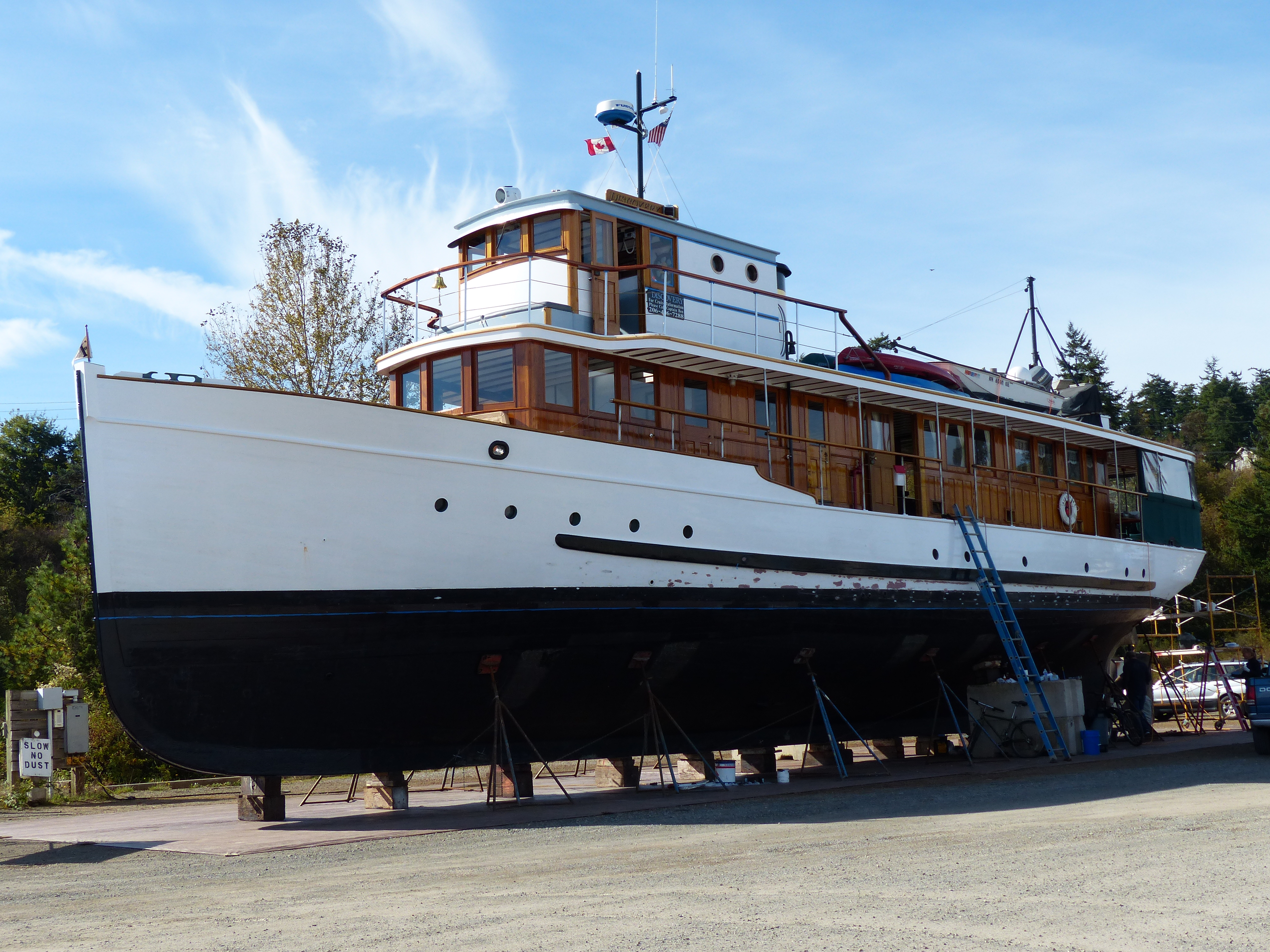 Discovery sits on the hard at the Port Townsend Boat Haven boatyard