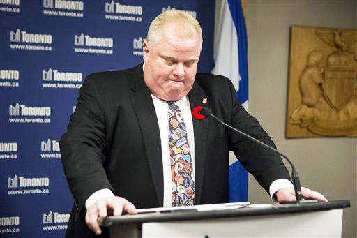 Toronto Mayor Rob Ford addresses the media at City Hall in Toronto on Tuesday. Ford acknowledged for the first time that he smoked crack but he refused to resign despite immense pressure to step aside as leader of Canada's largest city. -- Photo by Chris Young/The Canadian Press via AP