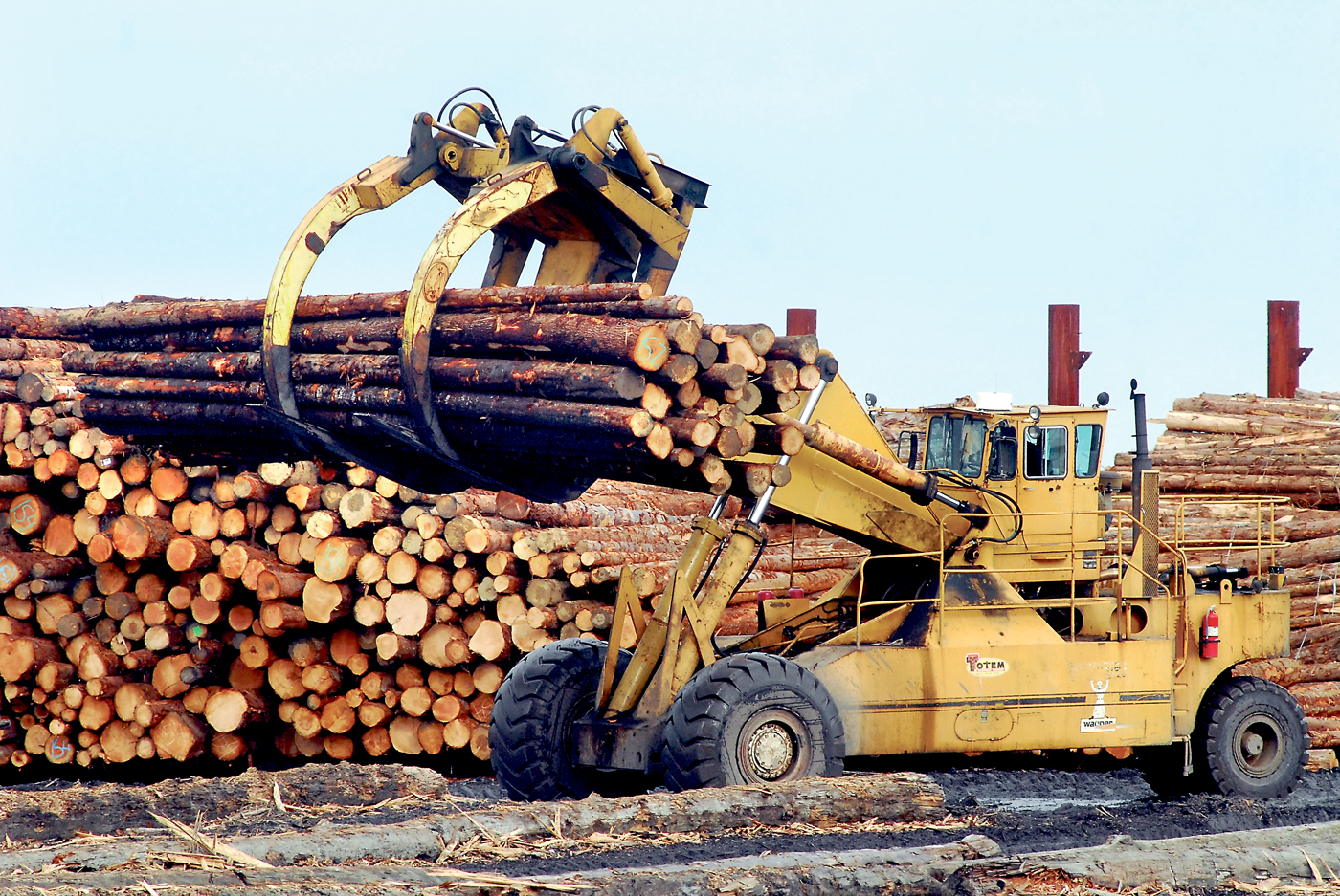 A loader carries logs to be stacked at the Port of Port Angeles log yard in Port Angeles on Wednesday.  -- Photo by Keith Thorpe/Peninsula Daily News