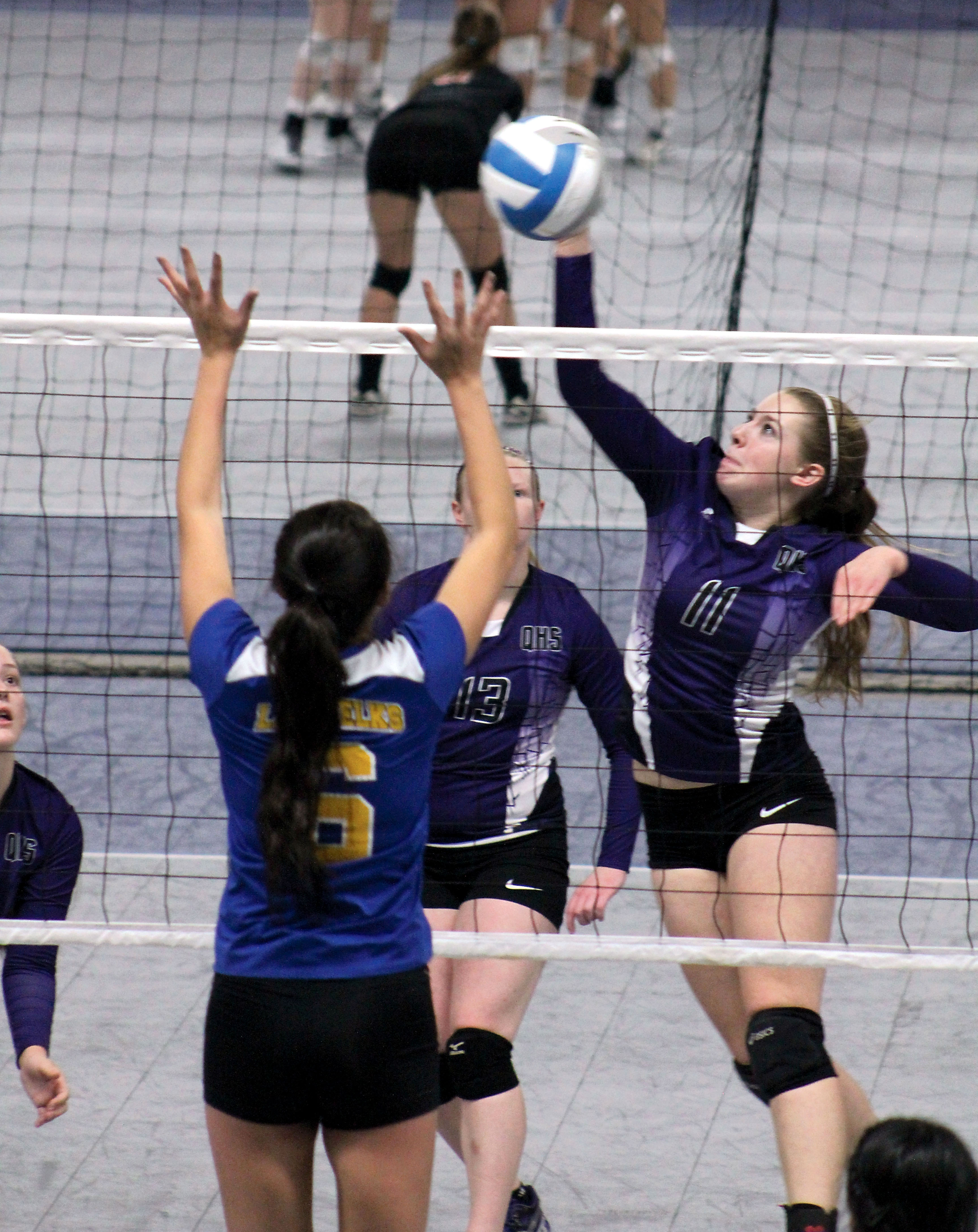 Quilcene junior Megan Weller hits the ball during the Rangers' three-set win over Lake Quinault to open the Class 1B state tournament. Roger Harnack/The Omak-Okanogan County Chronicle