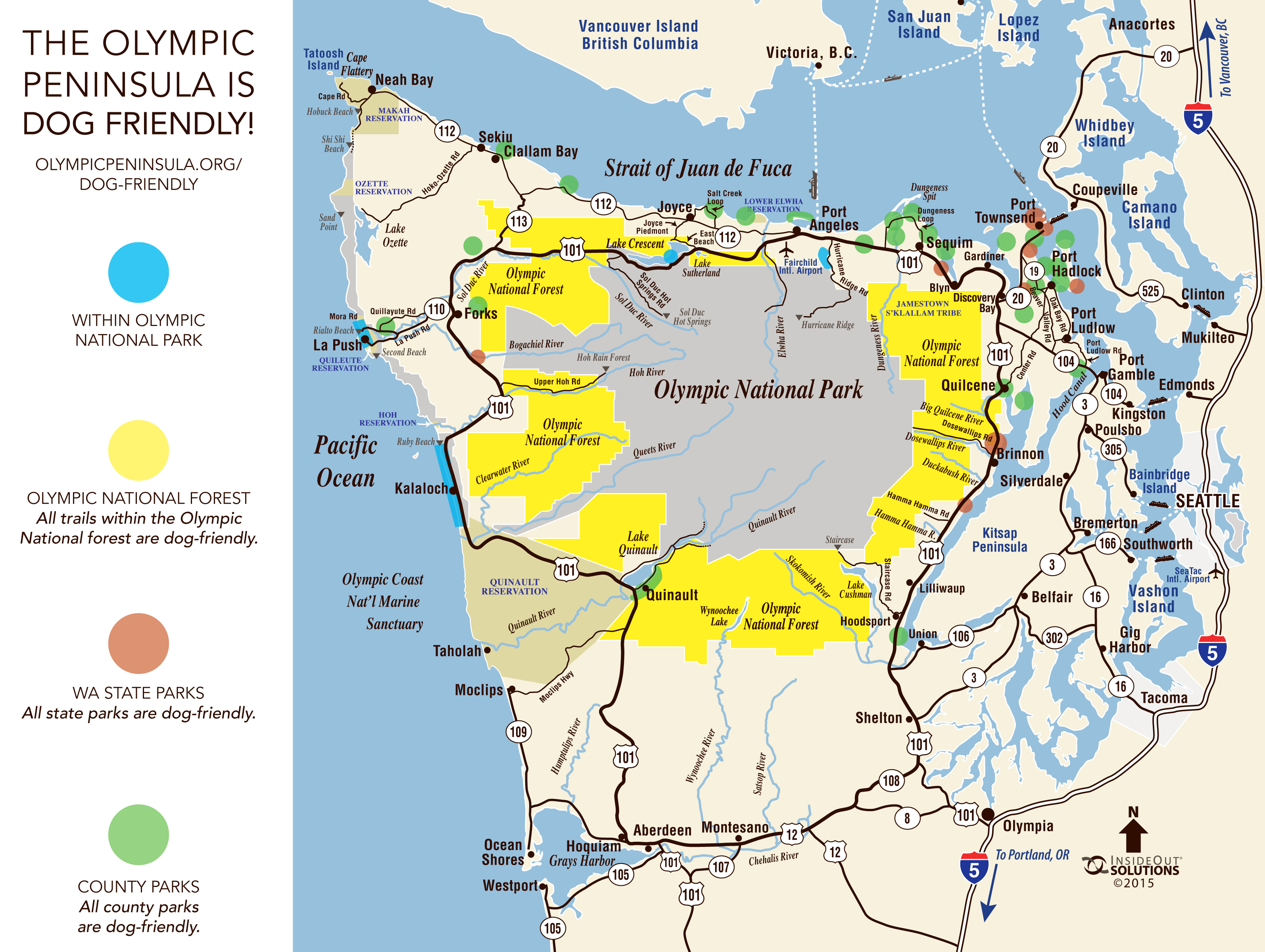 The Olympic Peninsula Visitor Bureau's new map showing outdoor areas where pets are welcome. Olympic Peninsula Visitor Bureau