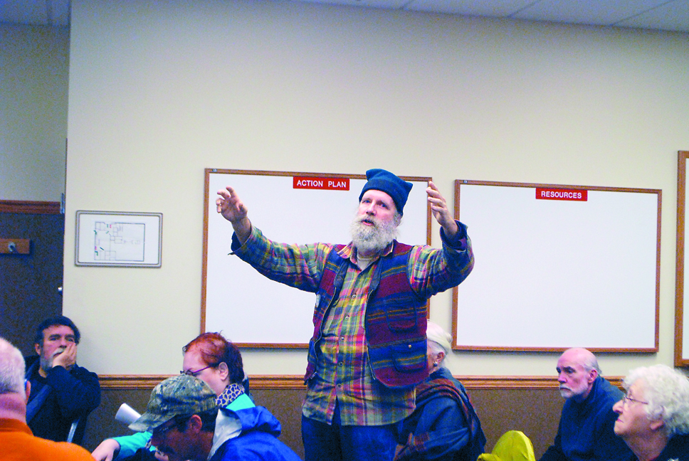 Lyle Courtsal comments at a public meeting on proposed Jefferson Transit cuts in Port Townsend on Tuesday. Charlie Bermant/Peninsula Daily News