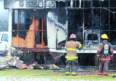 Clallam County Fire District No. 1 firefighters assess the burned-out shell of a mobile home in which a body was found early Wednesday. Lonnie Archibald/for Peninsula Daily News