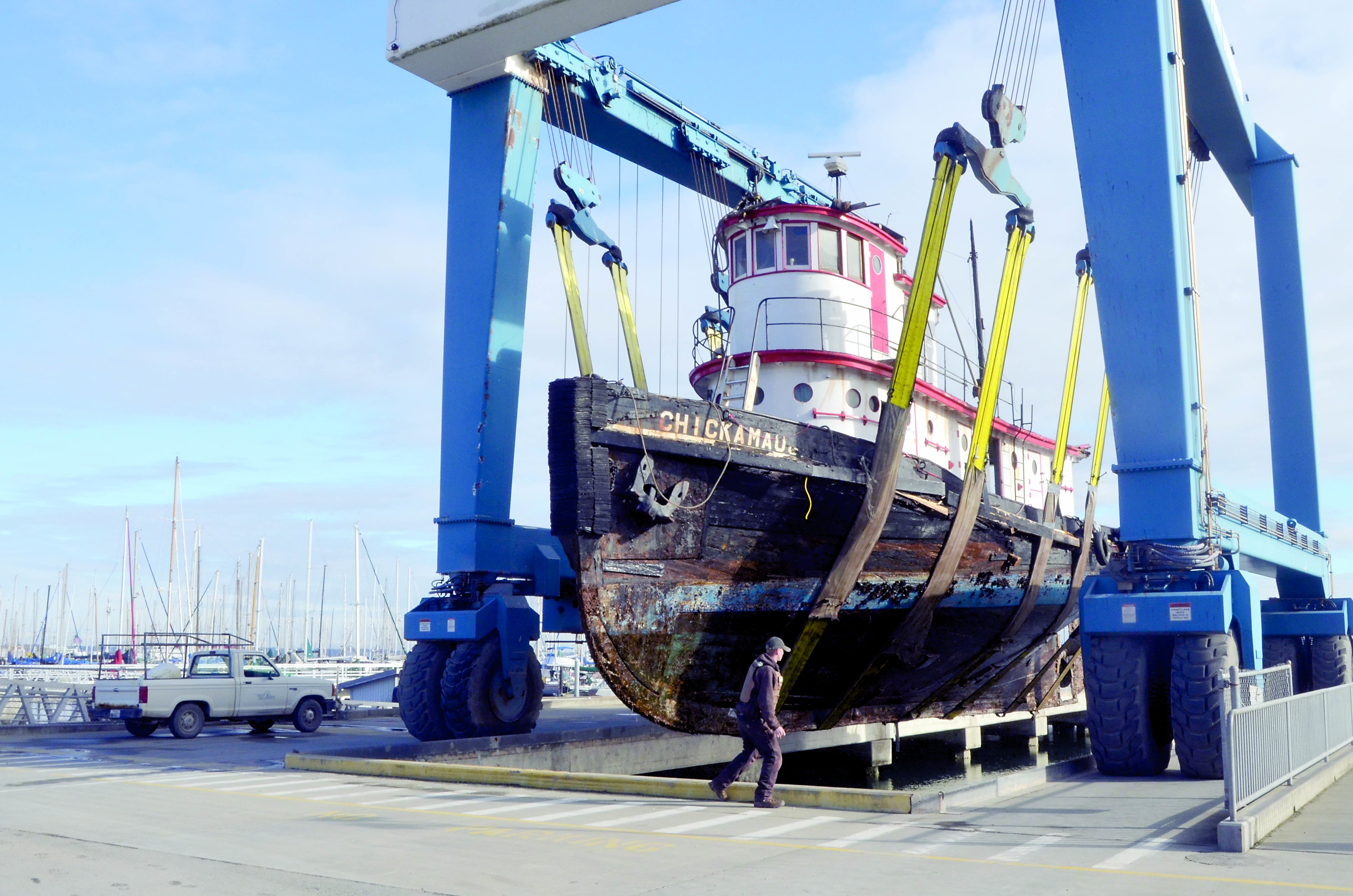The 100-year-old tugboat Chickamauga is brought into the Port Townsend Boat Haven earlier this month. — Charlie Bermant/Peninsula Daily News