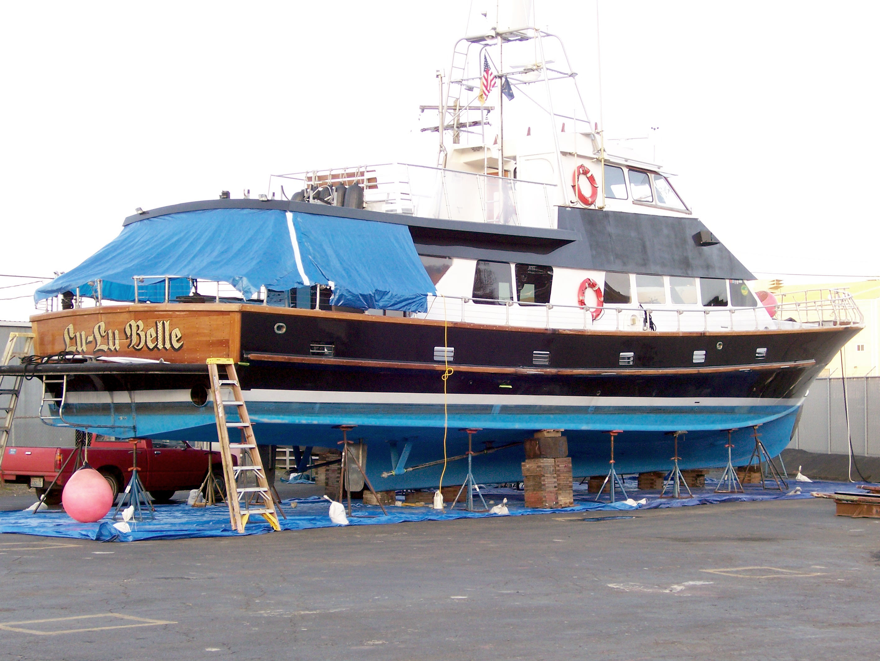 The Lu-Lu Belle sits on blocks last week at the Port Angeles Boat Yard.  -- Photo by David G. Sellars/for Peninsula Daily News