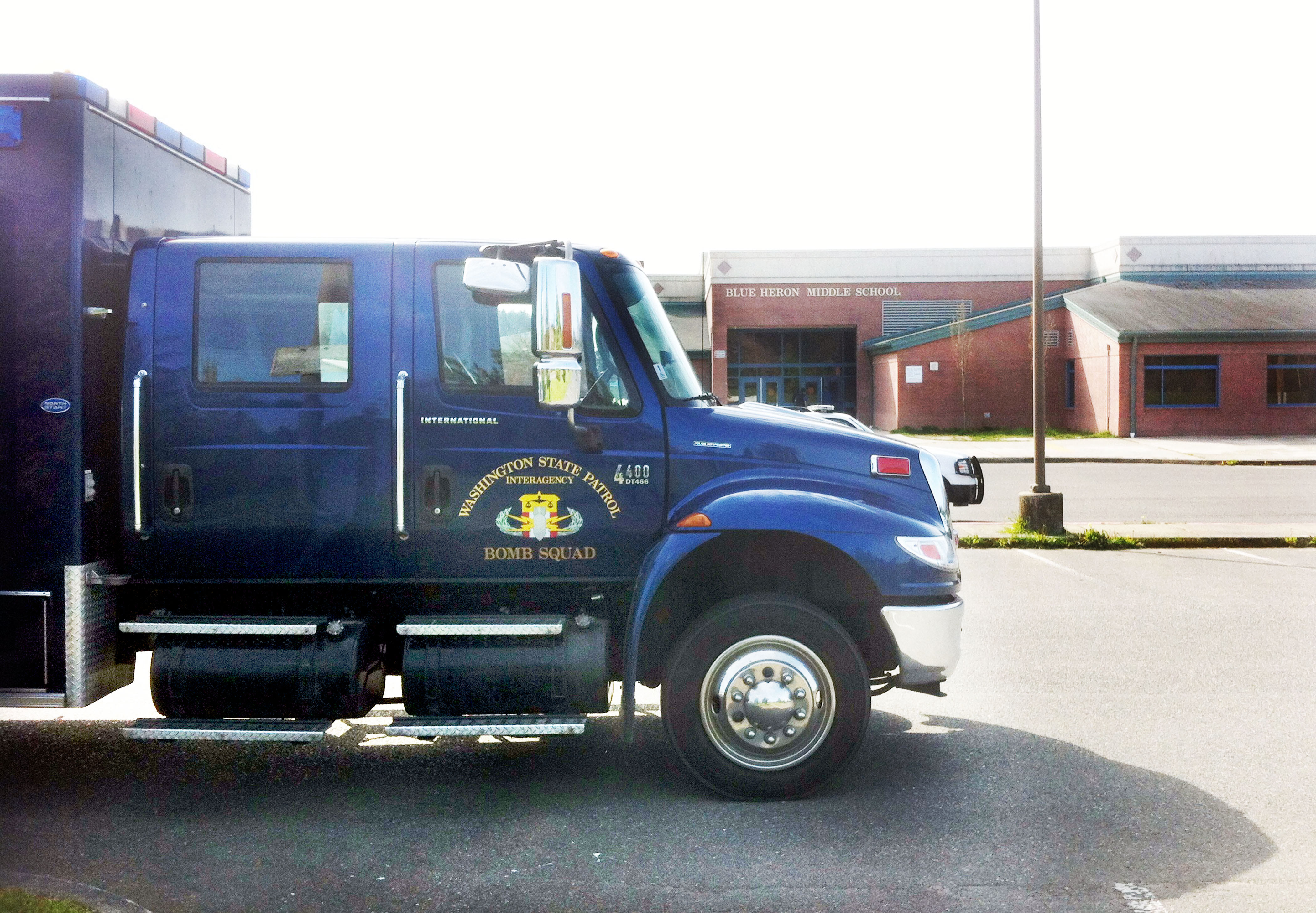 A State Patrol bomb disposal unit vehicle in front of Blue Heron Middle School following this weeks bomb scare.  East Jefferson Fire-Rescue