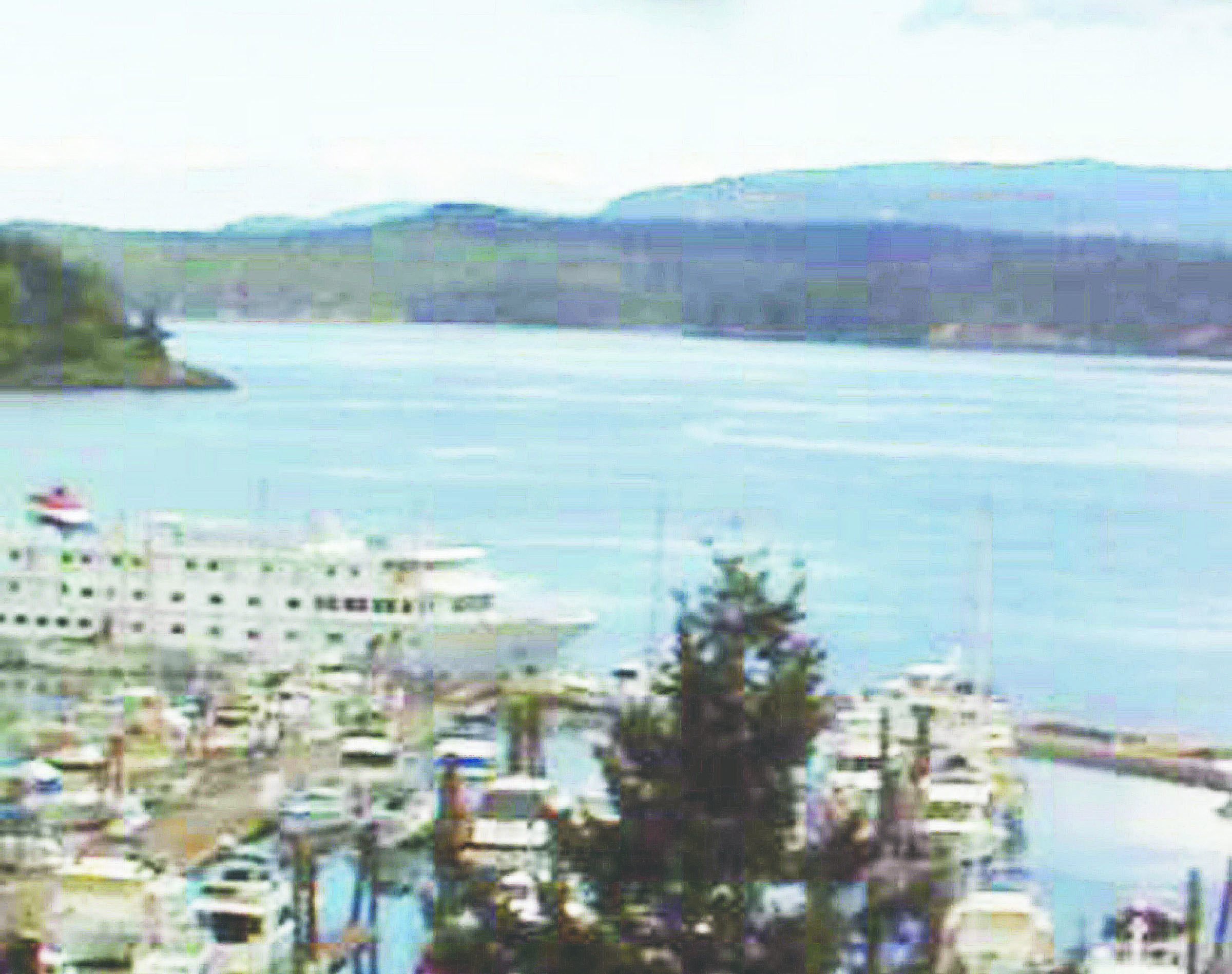 Webcam view of Friday Harbor at midday today shows the American Spirit tied up at upper left.