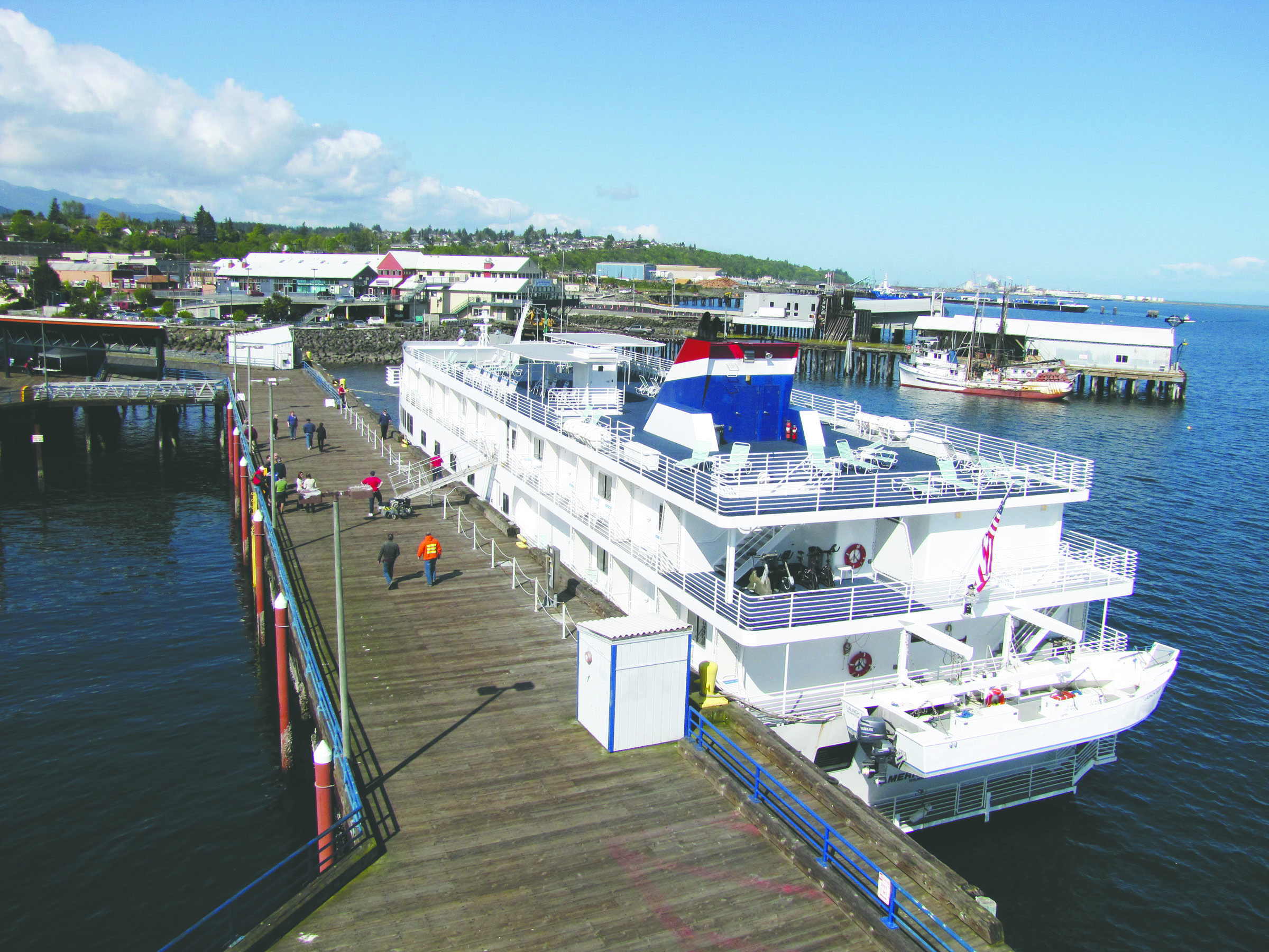 The American Spirit docked at Port Angeles City Pier today for the first of 13 visits through October on a route that also takes the small cruise ship to Port Townsend