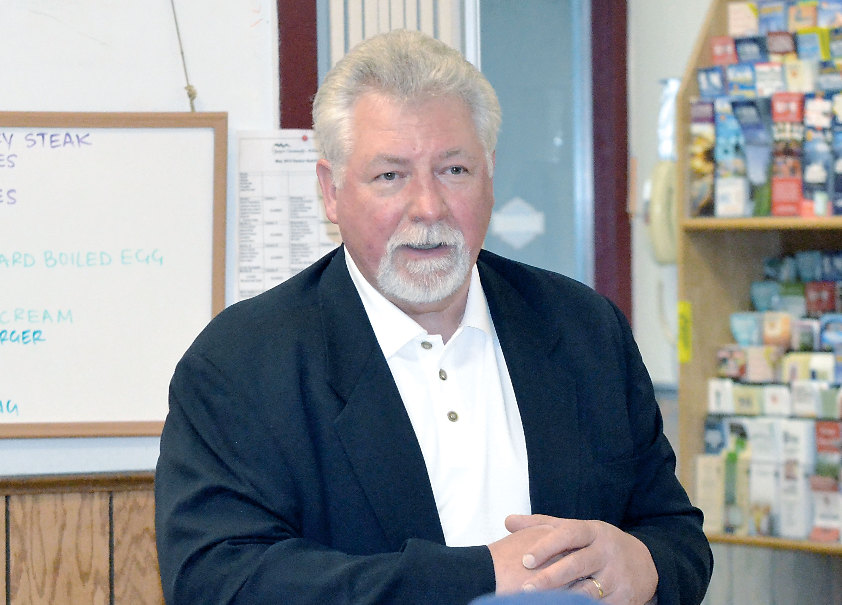 Ken Przygocki is shown at a campaign appearance Friday. —Photo by Charlie Bermant/Peninsula Daily News