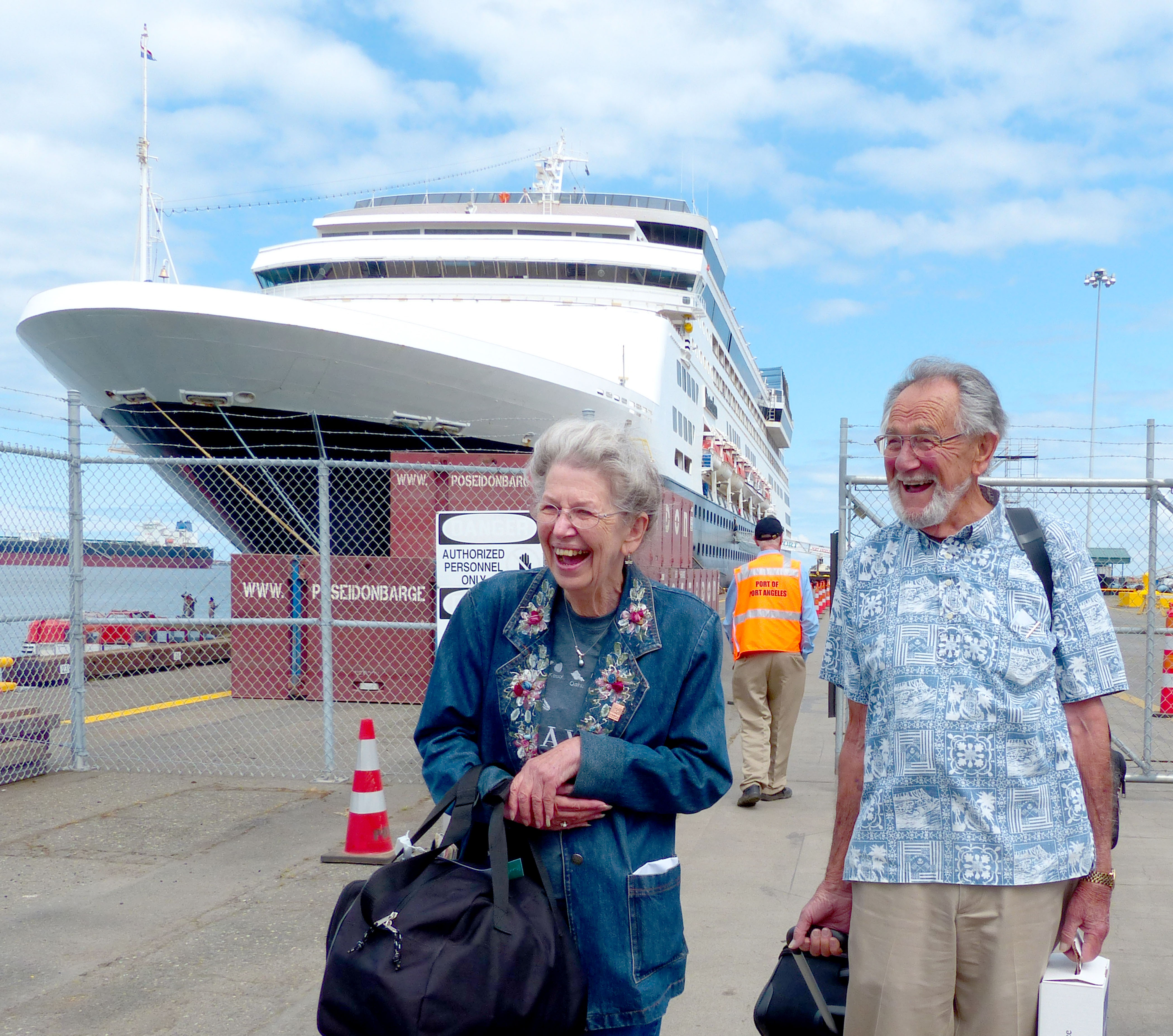Allen Ruble and Barbara Settle arrive at home on the North Olympic Peninsula as the ms Statendam — which took them on a South Seas adventure — docked in Port Angeles on May 17.  — Photo by David G. Sellars/for Peninsula Daily News
