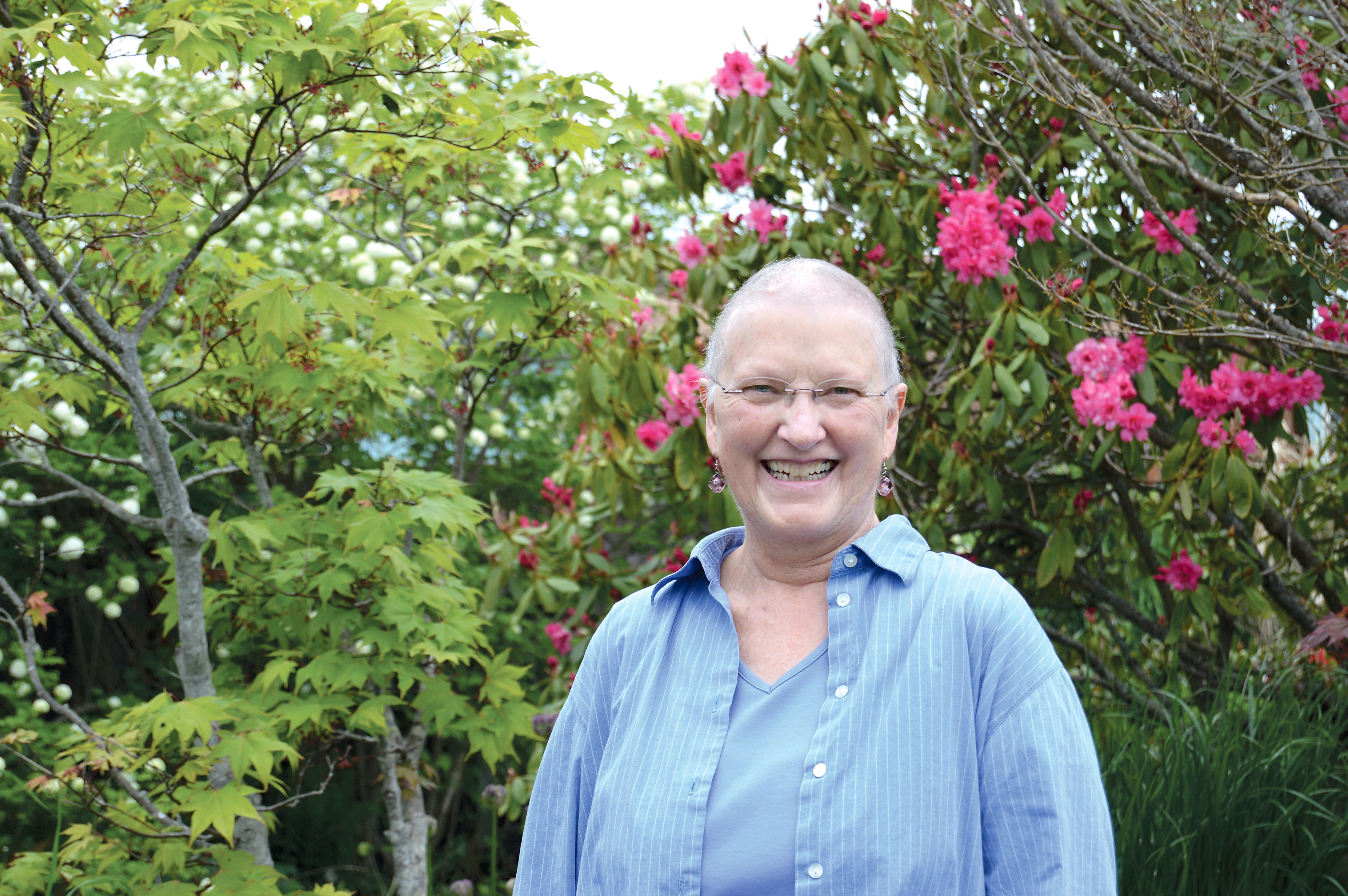 Author Nancy Lang in her Port Angeles garden. —Photo by Diane Urbani de la Paz/Peninsula Daily News