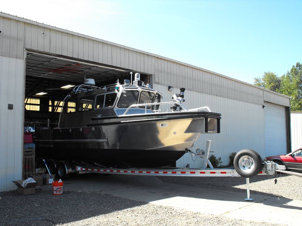 The new East Jefferson Fire-Rescue boat is pulled out of Lee Shore Boats' manufacturing building earlier this month. Lee Shore Boats