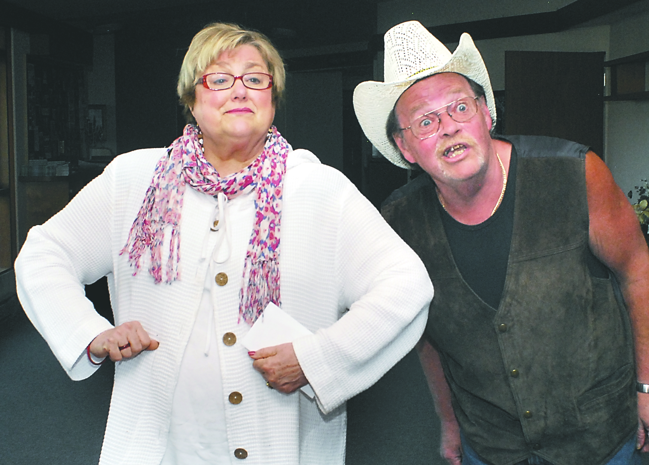 Linda Grubb stars as Kitty Shaw while Ric Munhall is Jake McCado in the Readers Theater Plus production of “The Wild West Mikado.”  — Photo by Keith Thorpe/Peninsula Daily News
