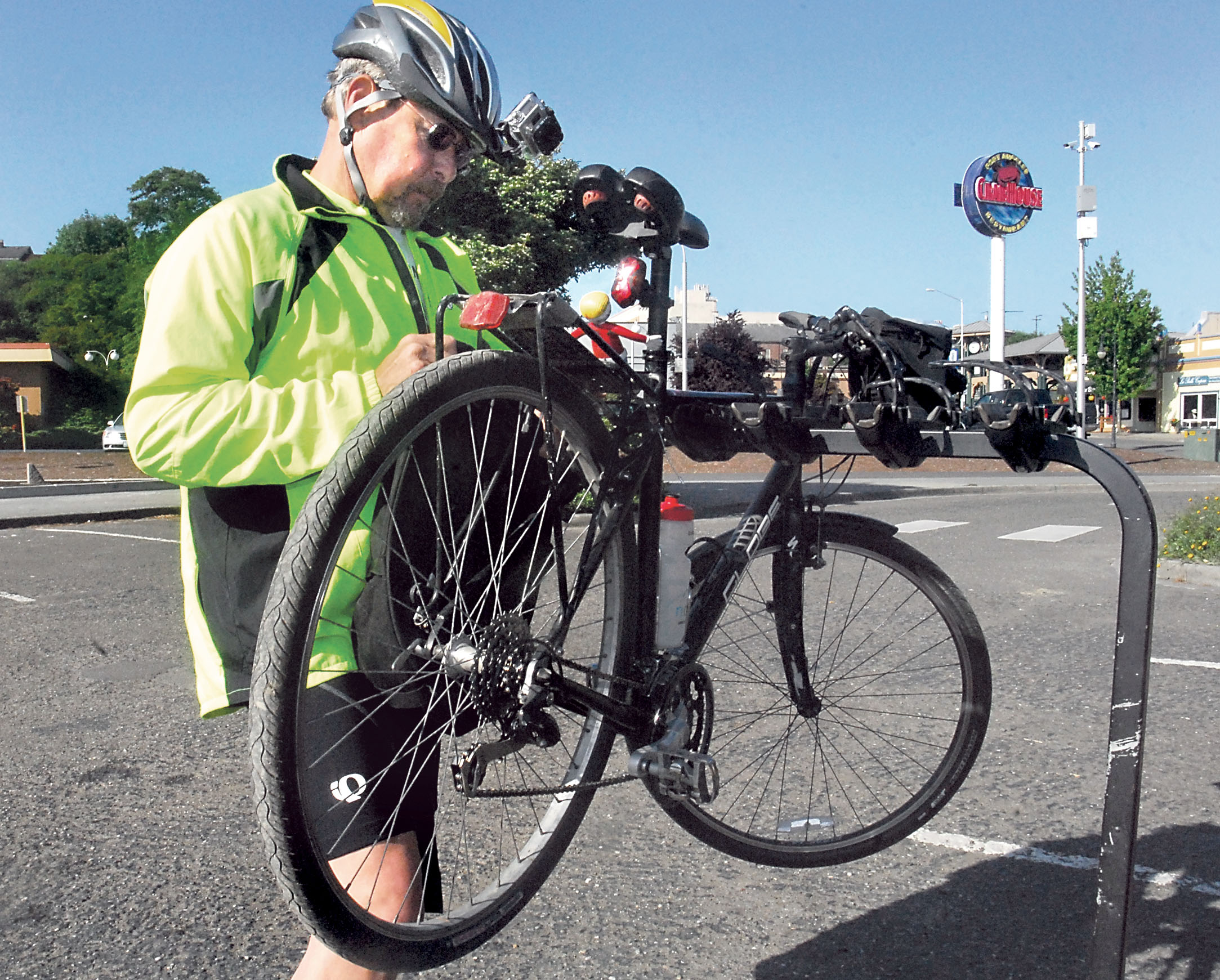 Bill Berger begins a short training run earlier this month in preparation for his cycling statewide.  —Photo by Keith Thorpe/Peninsula Daily News