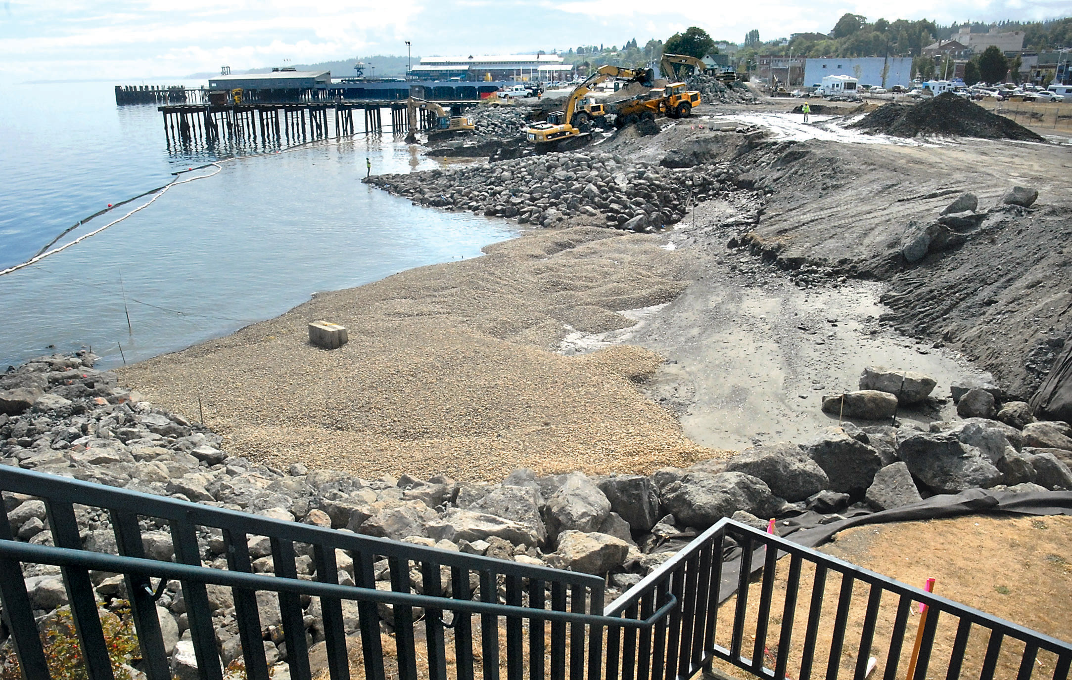 The initial excavation for two new beaches that will make up a new park near downtown Port Angeles is seen from the observation tower at the Valley Creek estuary on Friday. Keith Thorpe/Peninsula Daily News