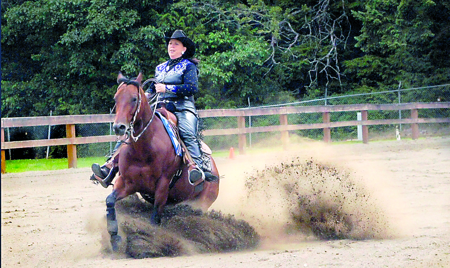 Juswen Farms owner Wendy Peterson and Five Star Whiz perform a sliding stop to win the championship reining title at the Peninsula Performance Horse Association show at the Clallam County Fairgrounds in Port Angeles in July. Shelby Mowbray