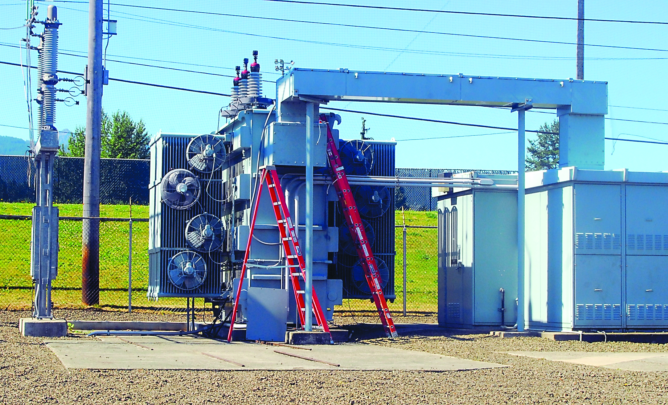 A lightning-damaged transformer sits offline at the electrical substation at Second and Washington streets  next to Port Angeles Civic Field  on Saturday.  -- Photo by Keith Thorpe/Peninsula Daily News