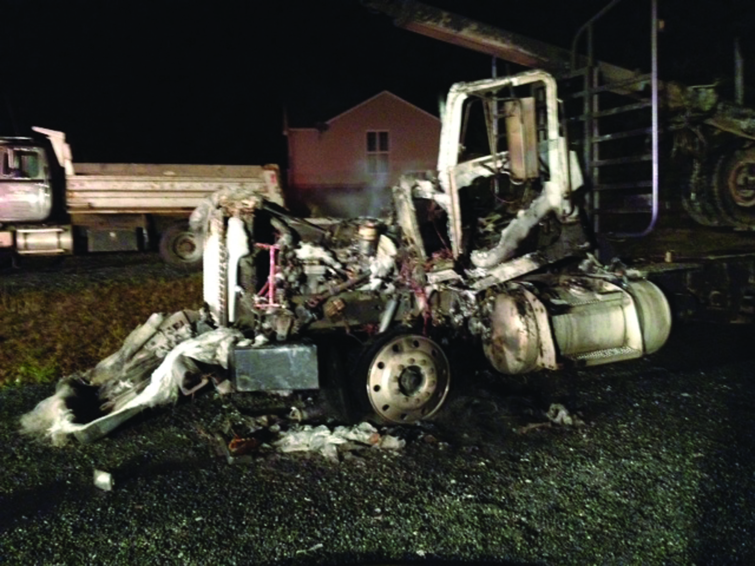 This logging truck was destroyed by fire shortly after midnight Monday in Port Angeles. Clallam County Fire District No. 2