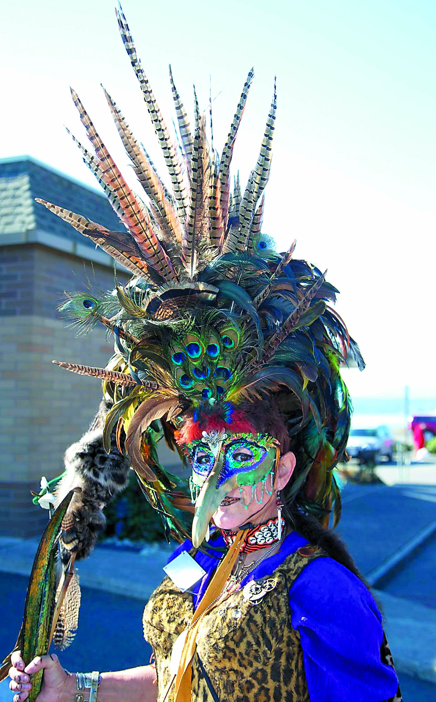 Dianna 'Tupa” Denny of Port Townsend shows off her regalia depicting a Mayan shaman for the 30th Kinetic Skulpture Parade in Port Townsend on Saturday. Steve Mullensky/for Peninsula Daily News