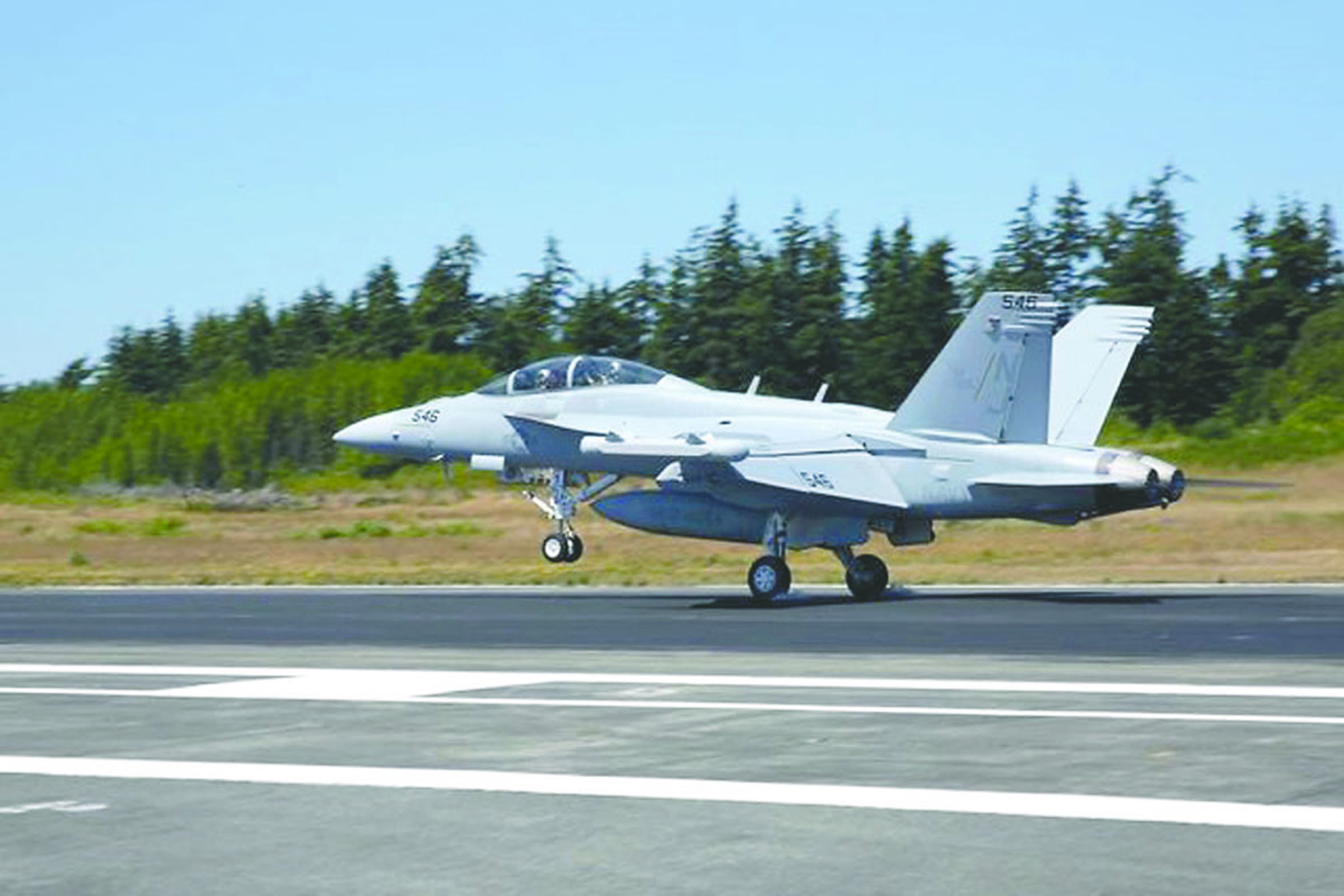 An EA-18G Growler assigned to Electronic Attack Squadron (VAQ) 129 lands on Naval Air Station Whidbey Island's Ault Field.