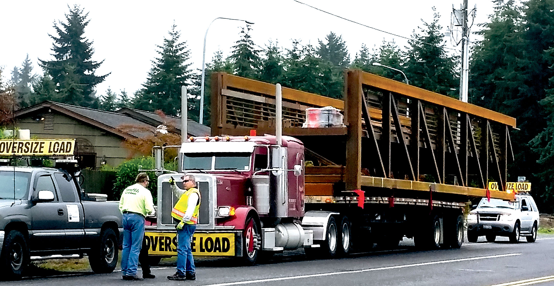 Five new steel sections of the Dungeness River Railroad Bridge trestle started arriving by flatbed truck last week. They are being made in Minnesota and transported to the trestle reconstruction site's west end via East Runnion Road. Larry Jeffryes
