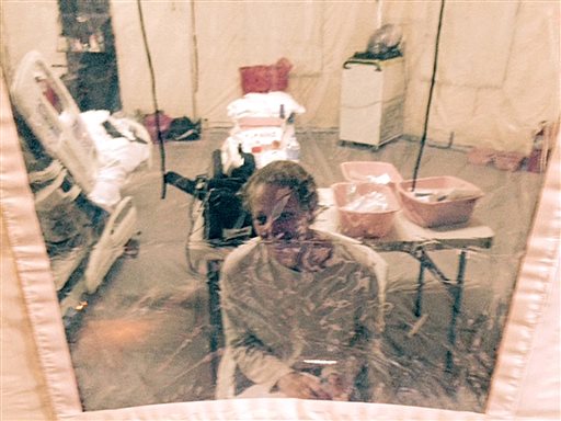 Nurse Kaci Hickox is shown in an isolation tent at University Hospital in Newark