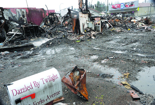 The mailbox of the former Dazzled by Twilight shop is about all that is left following an October blaze that destroyed the shop and the International Order of Odd Fellows hall in downtown Forks. Lonnie Archibald/for Peninsula Daily News