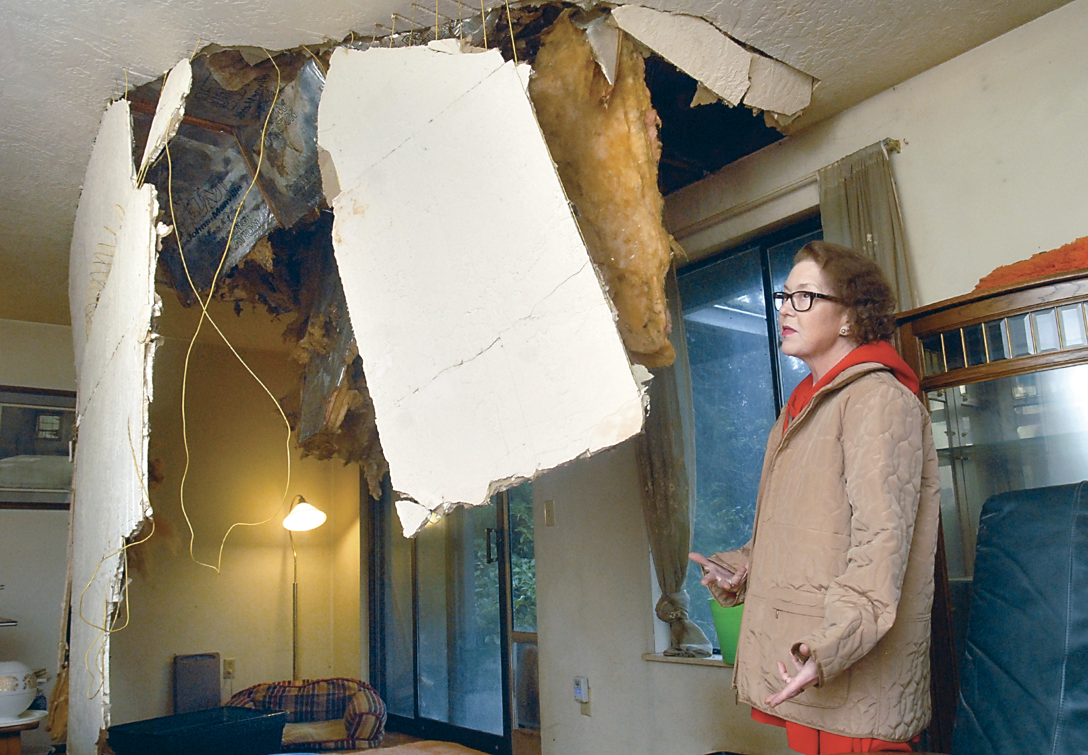 LeeAnn Daniels talks about the collapsed ceiling and the rat-infested attic of her home in rural Sequim. Keith Thorpe/Peninsula Daily News