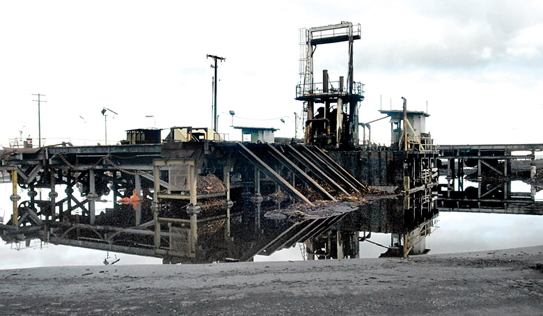 A log debarker sits idle at the Port of Port Angeles log yard next to the former Peninsula Plywood site on the Port Angeles waterfront. — Keith Thorpe/Peninsula Daily News