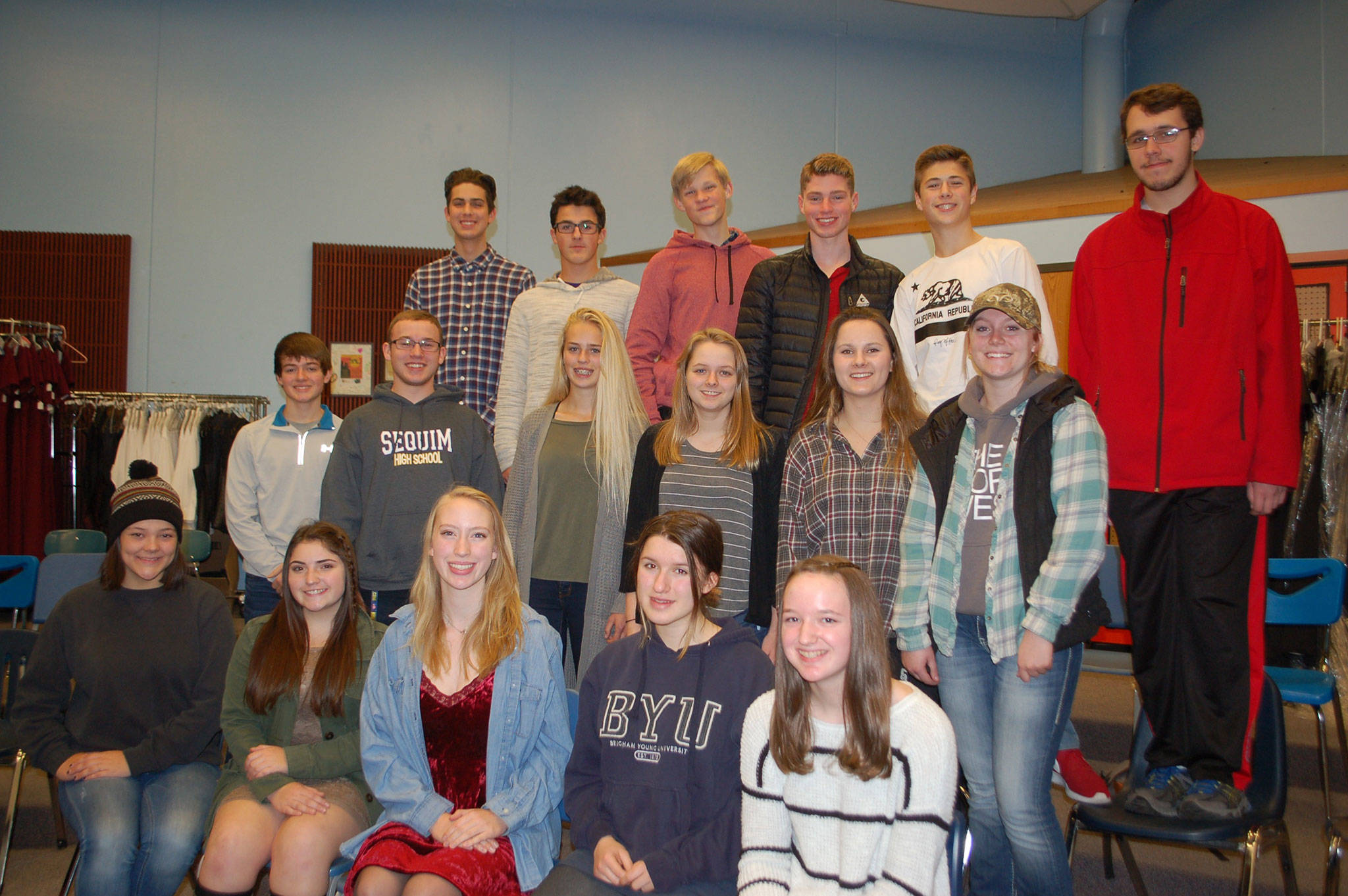 Twenty Sequim High School students were accepted to attend Washingtons All-State Choir in Yakima in 2018. At top from left are Evan James, Thomas Hughes, Jonathan Heintz, Jax Thaxton, Adrian Funston and Damien Cundiff; in the middle row are Joey Oliver, Joe Benjamin, Eden Johnson, Kaitlyn Davis, Eva Lofstrom and Shelby Wells; in the bottom row are Gabi Simonson, Isabella Fazio, Abby Norman, Audrey Hughes and Amanda Weller. They are 17 of the students selected to participate. (Erin Hawkins/Olympic Peninsula News Group)