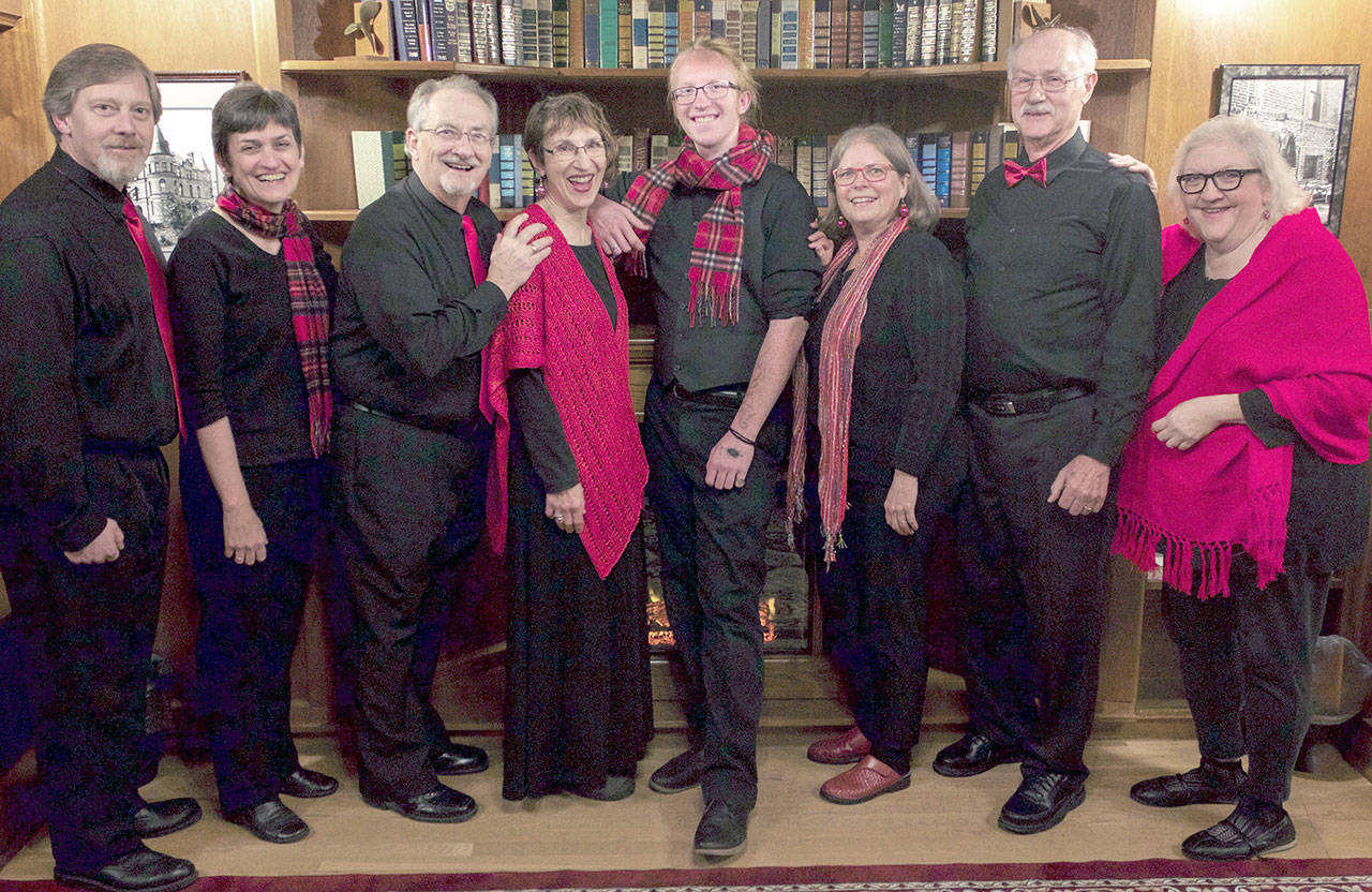 Wild Rose Chorale sings a cappella music in concerts where three other groups share holiday billing, tonight and Sunday. This fall’s singers include, from left, Charles Helman, Leslie Lewis, Al Thompson, JES Schumacher, Orion Pendley, Lynn Nowak, Doug Rodgers and Marj Iuro. (John Nowak)